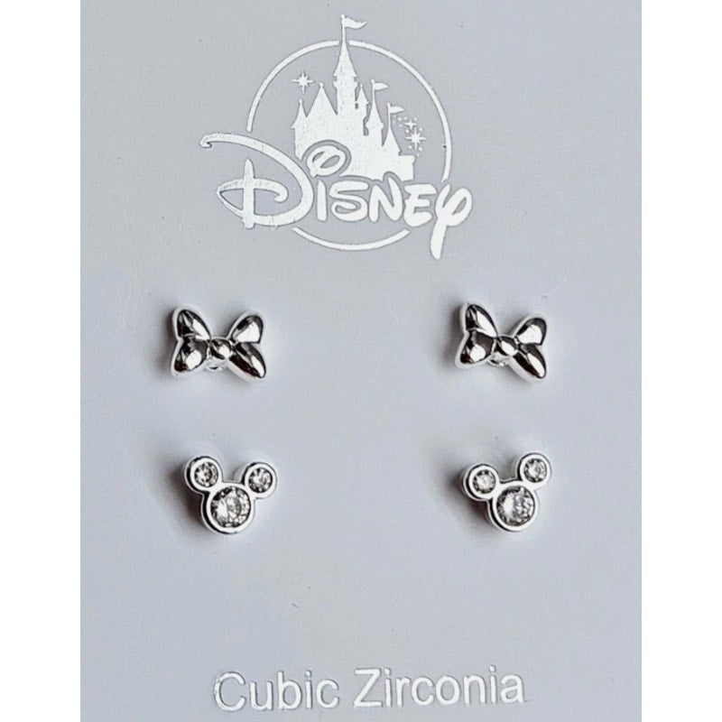 Disney Parks 2 Earring Set w/ Silver Bows and Silver/Cubic Zirconia Mickey Heads