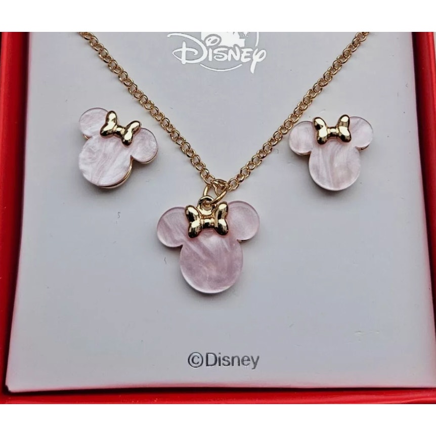 Disney Parks Pink and Gold Minnie Earrings and Necklace Set
