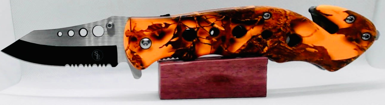 SE Orange Camo Outdoor Rescue Pocket Knife