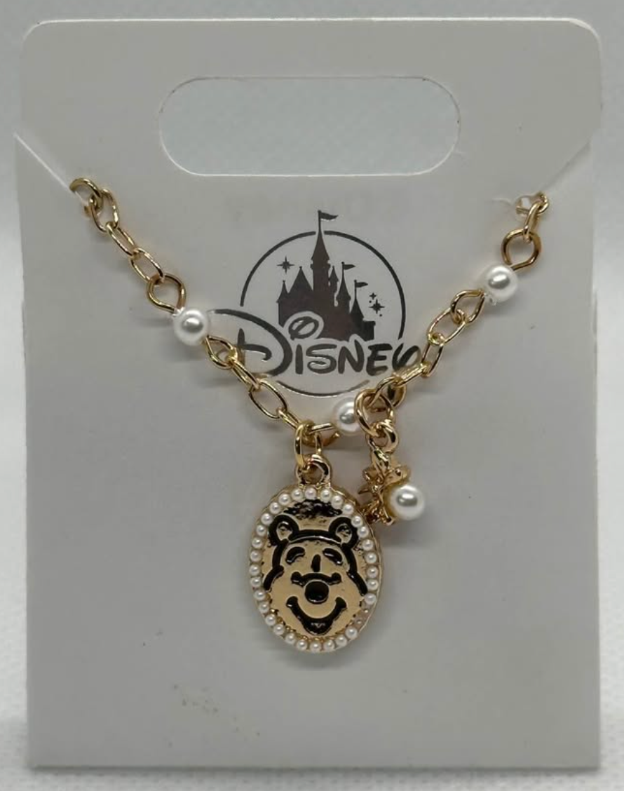 Gold Pooh Bear Necklace with Tiny Bee Charm