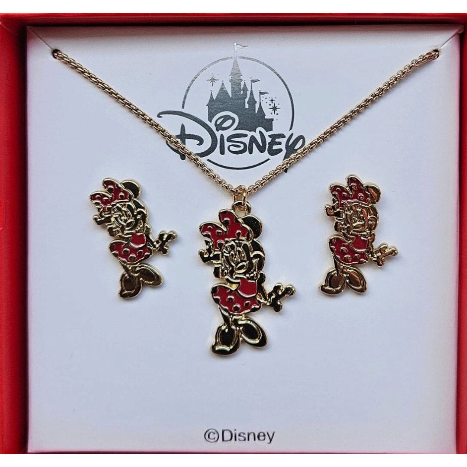 Disney Parks Gold and Red Minnie Mouse Necklace and Earrings Box Set